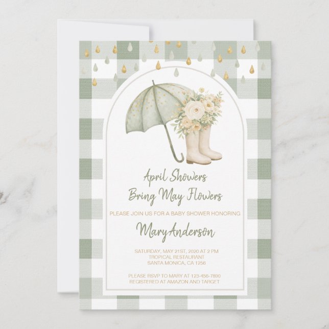 Invitation Sage April Showers Green Gingham Baby Shower  (Devant)