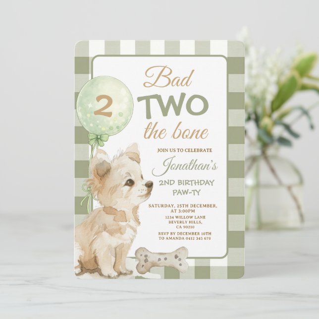 Invitation Sage Bad Two the Bone Puppy Anniversaire Pawty Gin (Debout devant)