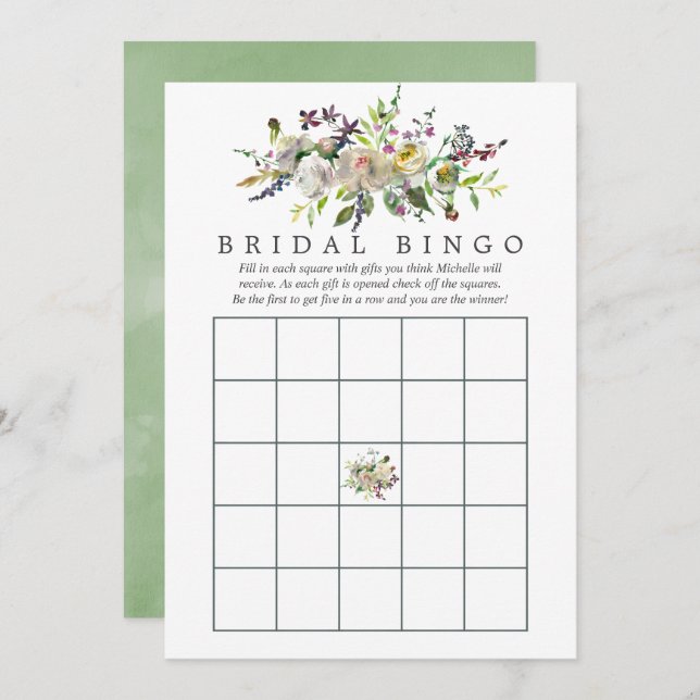 Invitation Sage & blanc Aquarelle Fête des mariées florale Bi (Devant / Derrière)