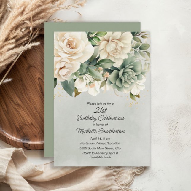 Invitation Sage Blanc Fleurs Vertes Or 21e Anniversaire (White and sage green floral 21st birthday invitation)