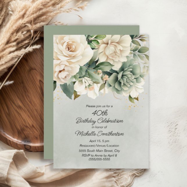 Invitation Sage Blanc Fleurs Vertes Or 40e Anniversaire (White and sage green floral 40th birthday party invitation)