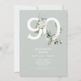 Invitation Sage Blanc Floral Elégant 90ème anniversaire fête
