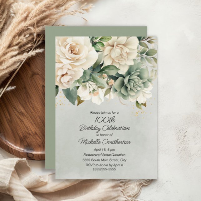 Invitation Sage Blanc Floral Or 100e Anniversaire (White and sage green floral 100th birthday invitation)