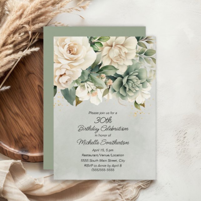 Invitation Sage Blanc Floral Or 30e Anniversaire (White and sage green floral 30th birthday invitation)