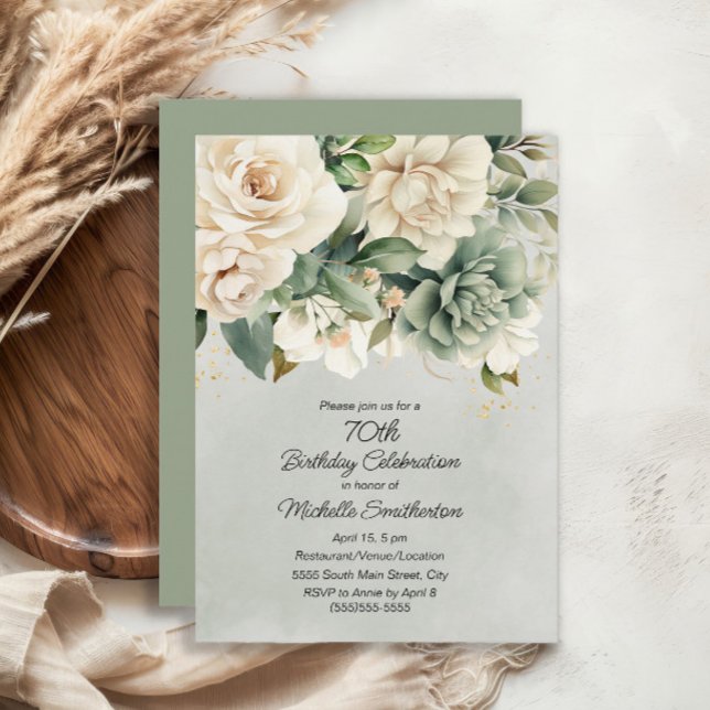Invitation Sage Blanc Floral Or 70e Anniversaire (White and sage green floral 70th birthday invitation)
