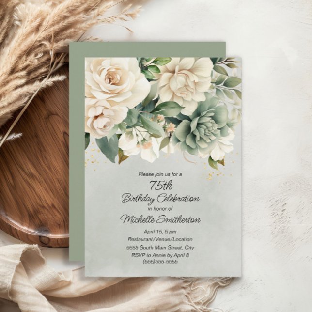 Invitation Sage Blanc Floral Or 75e Anniversaire (White and sage green floral 75th birthday party invitation)