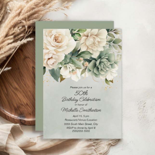 Invitation Sage Blanc Floral Vert Or 50e Anniversaire (White and sage green floral 50th birthday invitation)