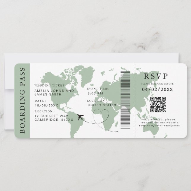 Invitation Sage Boarding Pass Destination mariage Code QR (Devant)