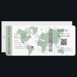 Invitation Sage Boarding Pass Destination mariage Code QR<br><div class="desc">Passe-bateau vert Sage Billet mariage avec une carte du monde de destination,  Passe Mariage,  Mariage de destination,  Passeport avec code QR carte Rsvp.</div>