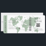 Invitation Sage Boarding Pass Destination mariage Code QR<br><div class="desc">Passe-bateau vert Sage Billet mariage avec une carte du monde de destination,  Passe Mariage,  Mariage de destination,  Passeport avec code QR carte Rsvp.</div>