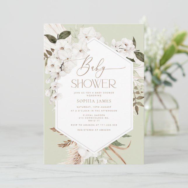 Invitation Sage boho pampas herbe baby shower (Debout devant)