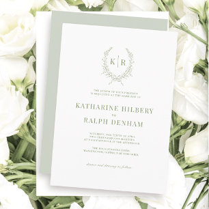Invitation Sage Botaniacal & Ribbon Crest Monogram Mariage