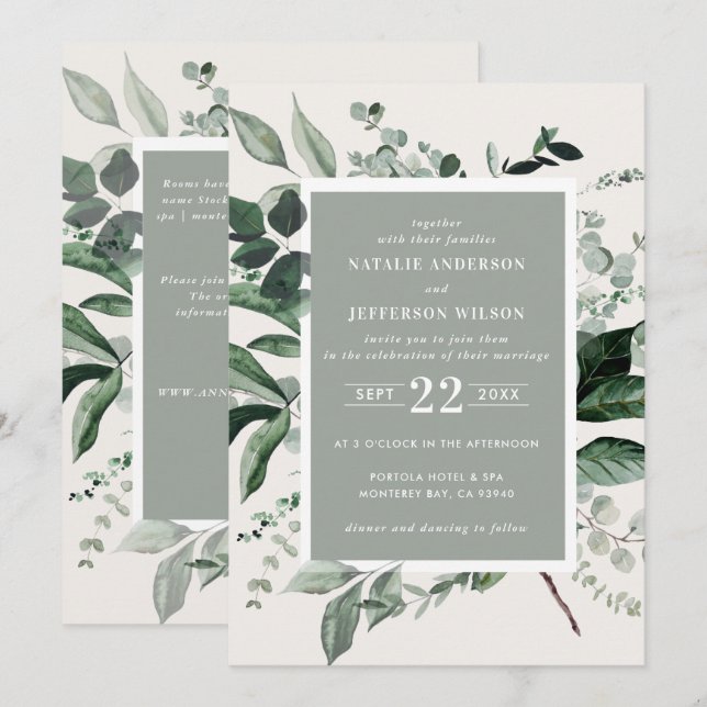 Invitation Sage botanique floral élégant détails de mariage Q (Devant / Derrière)