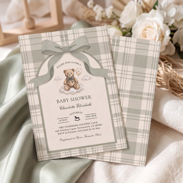 Invitation Sage Bow Teddy Bear Cloud Baby Shower (Créateur téléchargé)