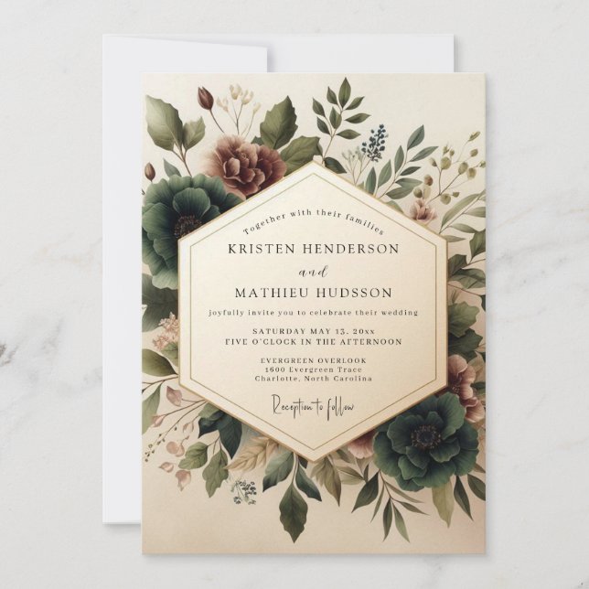 Invitation Sage Burgundy Vintage Bloom Wedding (Devant)