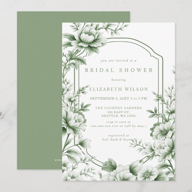 Invitation Sage Chinoiserie Toile Fleur Mariage (Devant / Derrière)