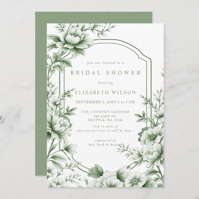 Invitation Sage Chinoiserie Toile Floral Bridal Shower (Devant / Derrière)