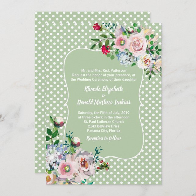 Invitation Sage clair avec points blancs et Mariage de fleurs (Devant / Derrière)