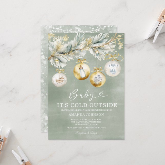 Invitation Sage Cold à l'extérieur du Baby shower de Noël des (Devant/Arrière en situation)