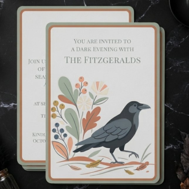 Invitation Sage Dark Academia Art Populaire Corbeau (Sage invitation with folk art raven for hosts during Halloween party celebrations.)