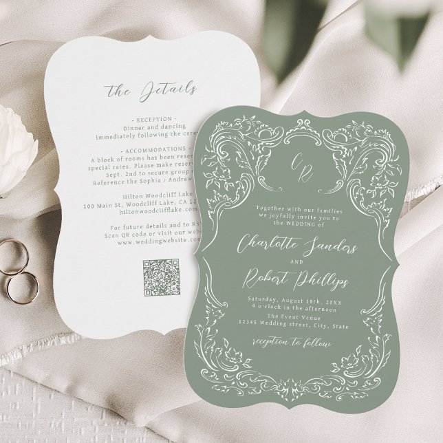 Invitation Sage Dessinée Monogramme Mariage Floraison Vintage (Sage Sketched Vintage Flourish Monogram Wedding Invitation)