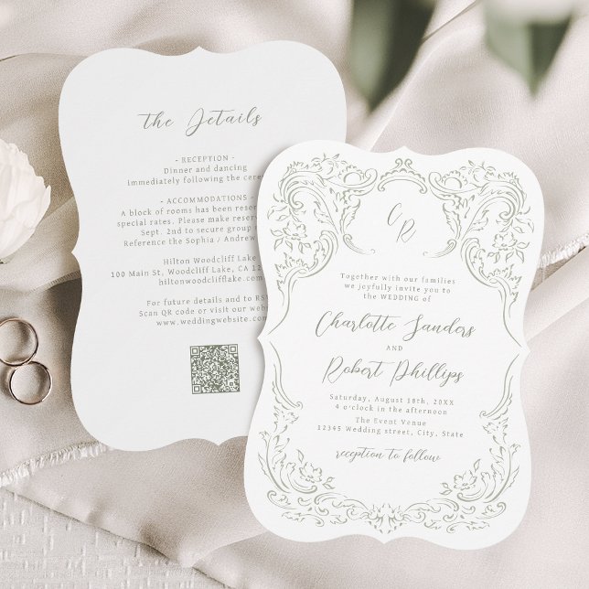 Invitation Sage Dessinée Monogramme Mariage Floral Vintage (Sage Sketched Vintage Flourish Monogram Wedding Invitation)