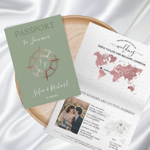 Invitation Sage Destination Passport Rose Gold Compass