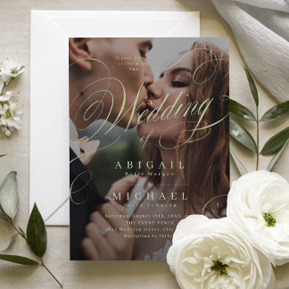 Invitation Sage élégant classique calligraphie photo mariage