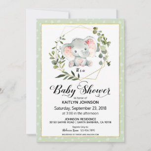 Invitation Sage Elephant Baby shower moderne