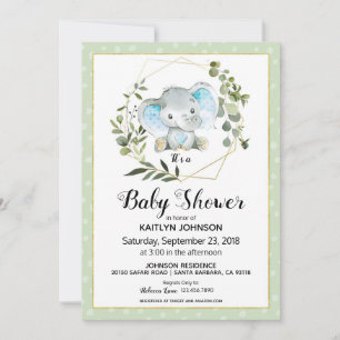 Invitation Sage Elephant Baby shower moderne