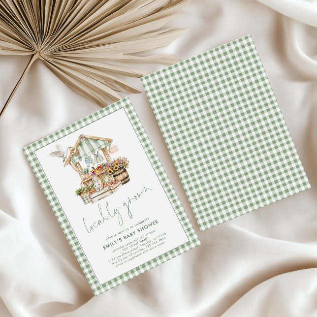 Invitation Sage En vichy Baby shower Du Marché Cultivé Locale (Front and back view)
