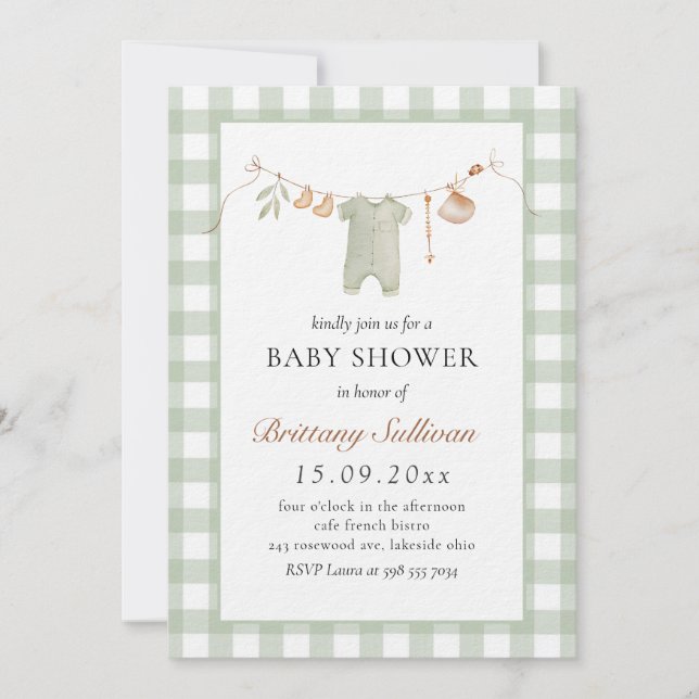 Invitation Sage En vichy mignon Boho Baby shower de vêtements (Devant)