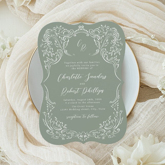 Invitation Sage Esquisse Monogramme Mariage Floral Vintage (Sage Sketched Vintage Flourish Monogram Wedding Invitation)
