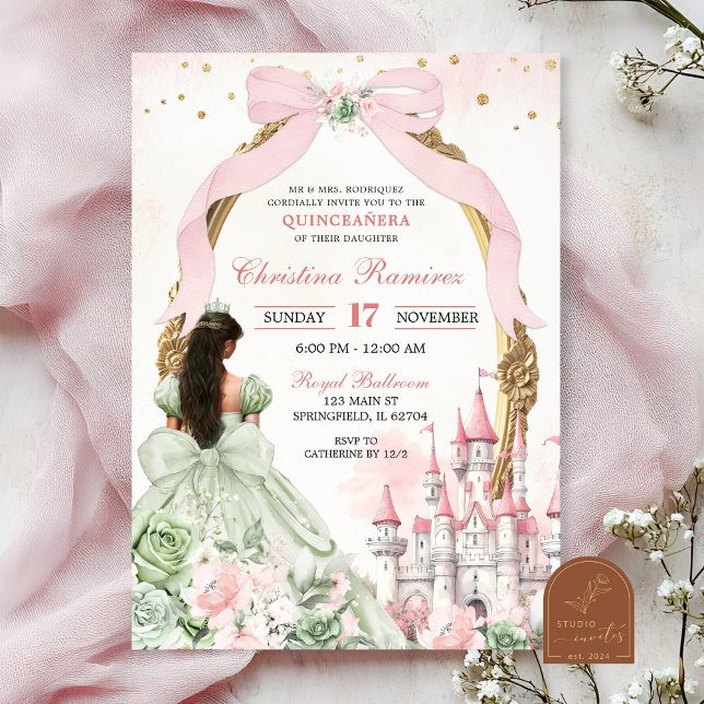 Invitation Sage et Blush Pink Coquette Bow Fairytale Castle (Créateur téléchargé)