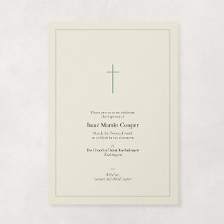 Invitation Sage et Crème Croix Minimaliste Religieuse Baptême