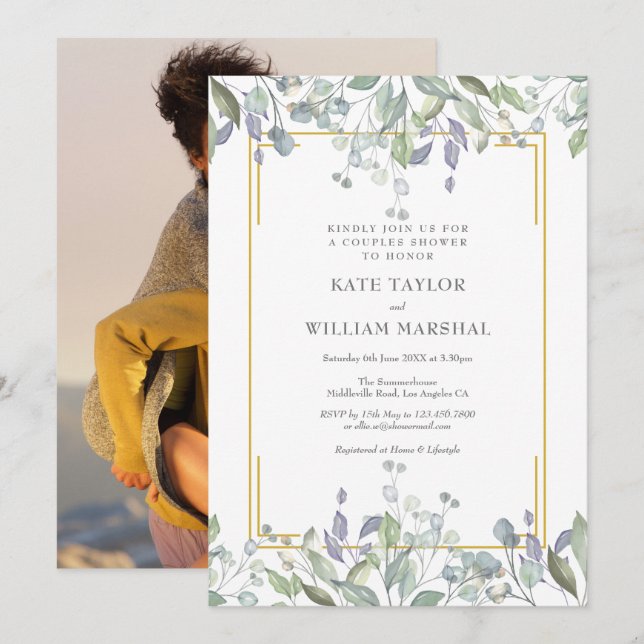 Invitation Sage et fleurs de lilas pour mariage couple douche (Devant / Derrière)