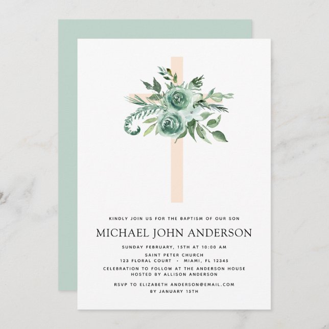 Invitation Sage Eucalyptus Baptême Croix de verdure (Devant / Derrière)