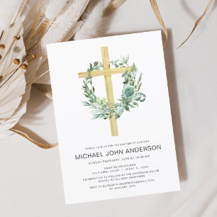 Invitation Sage Eucalyptus Baptême Verdure Croix d'or