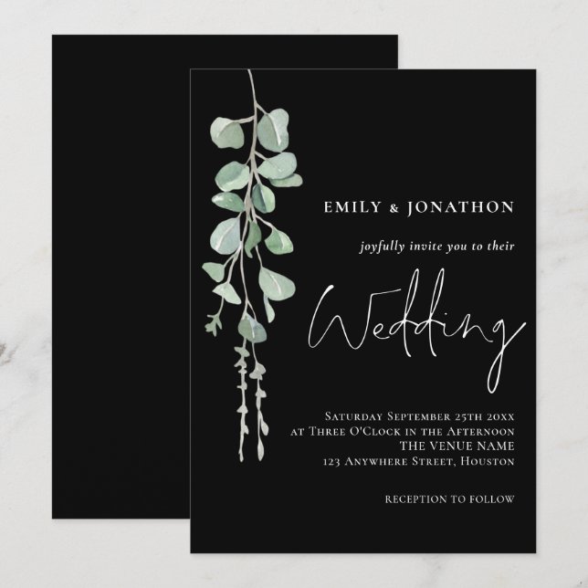 Invitation Sage Eucalyptus Script moderne Mariage noir (Devant / Derrière)