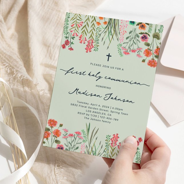 Invitation Sage Fleur Sauvage Premier Saint Sacrement (Wildflower Sage Green First Holy Communion Invitation)