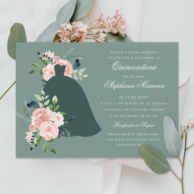 Invitation Sage Floral Couleur personnalisée Robe Quinceañera (Créateur téléchargé)
