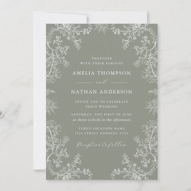 Invitation Sage Floral Elegant Wedding  (Devant)