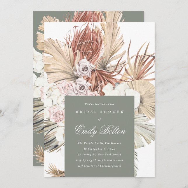 Invitation Sage Floral Moss Green Pampas Boho Fête des mariée (Devant / Derrière)