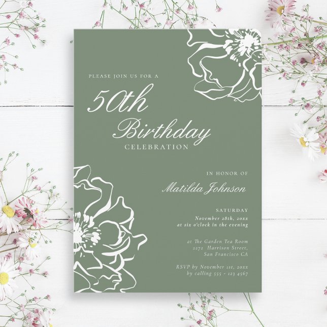 Invitation Sage floral simple 50e fête d'anniversaire (Simple Floral Sage 50th Birthday Party Invitation)