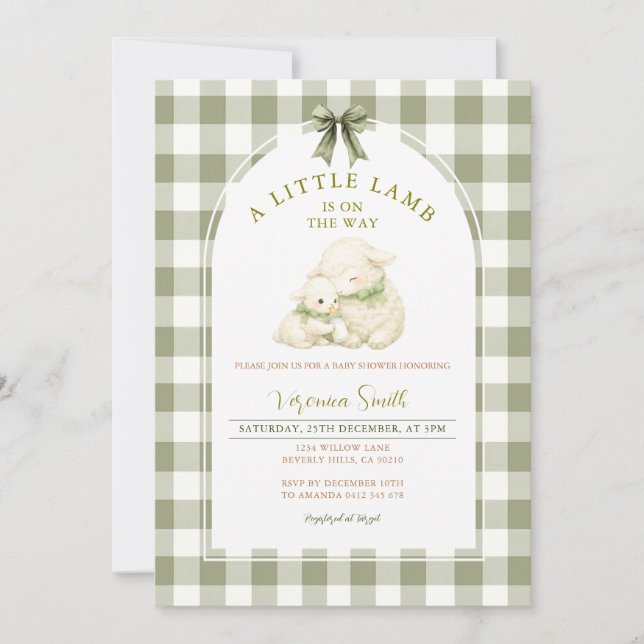 Invitation Sage Gingham Arc Petit Agneau Baby Shower  (Devant)