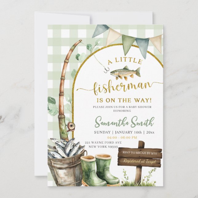 Invitation Sage Gingham Fisherman baby shower (Devant)