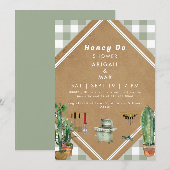 Invitation Sage Gingham Honey Do Douche (Devant / Derrière)
