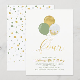 Invitation Sage & Gold Ballons Quatre 4ème Anniversaire