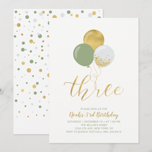 Invitation Sage & Gold Ballons Trois 3e Anniversaire (Devant / Derrière)
