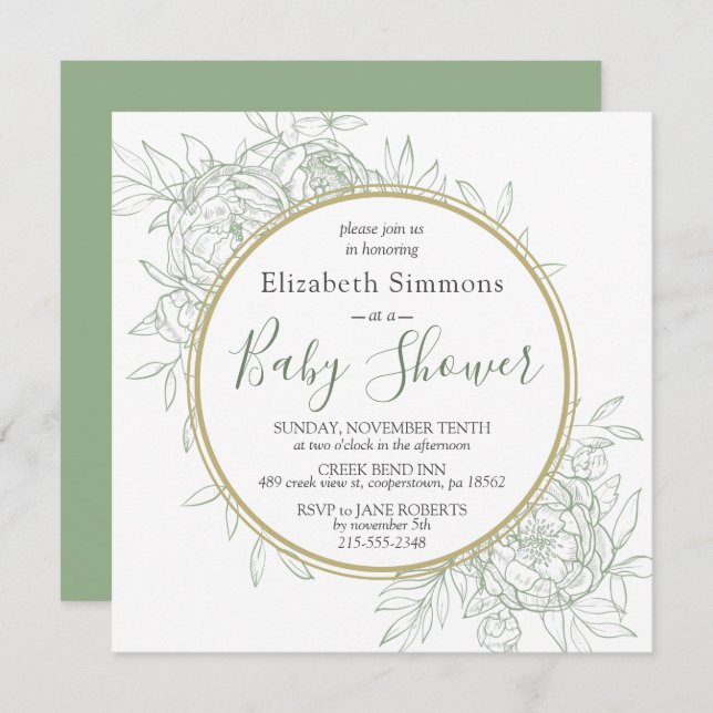 Invitation Sage & Gold Peony Moderne Baby shower en toile flo (Devant / Derrière)